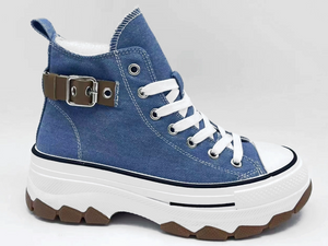 Blaue, wunderschön im Spritzgussverfahren gefertigte, hochwertige, hochgeschnittene Damen-Bequemschuhe mit Schnalle